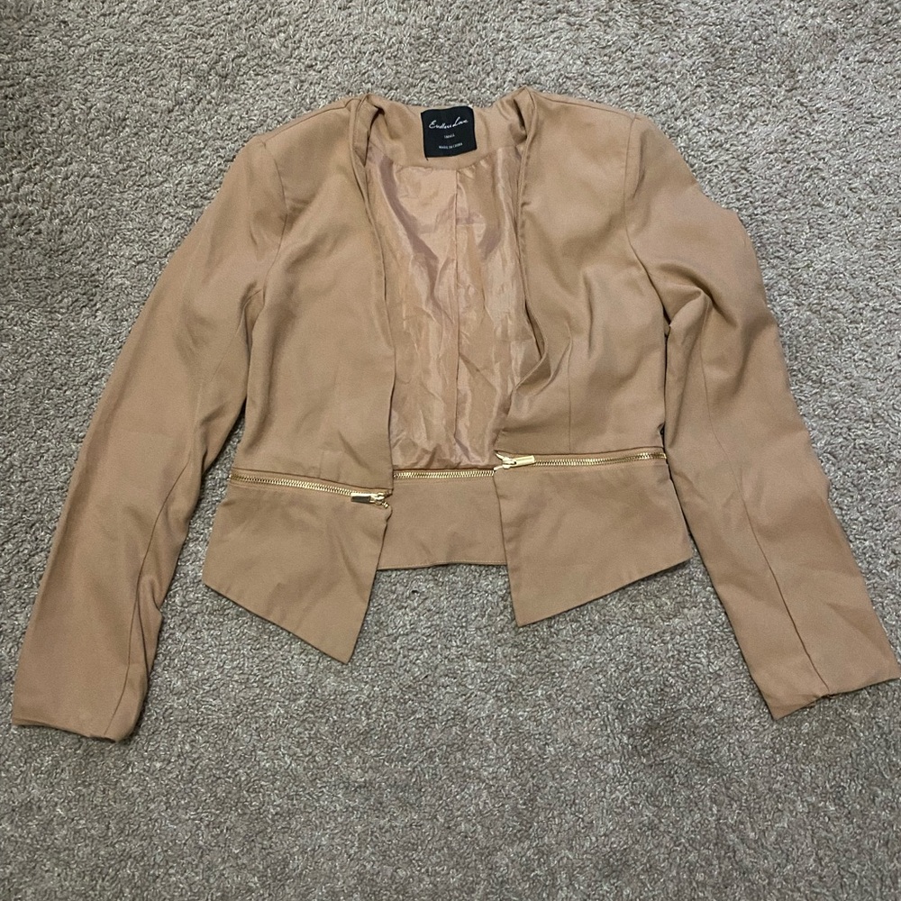 tan blazer with gold zipper detail